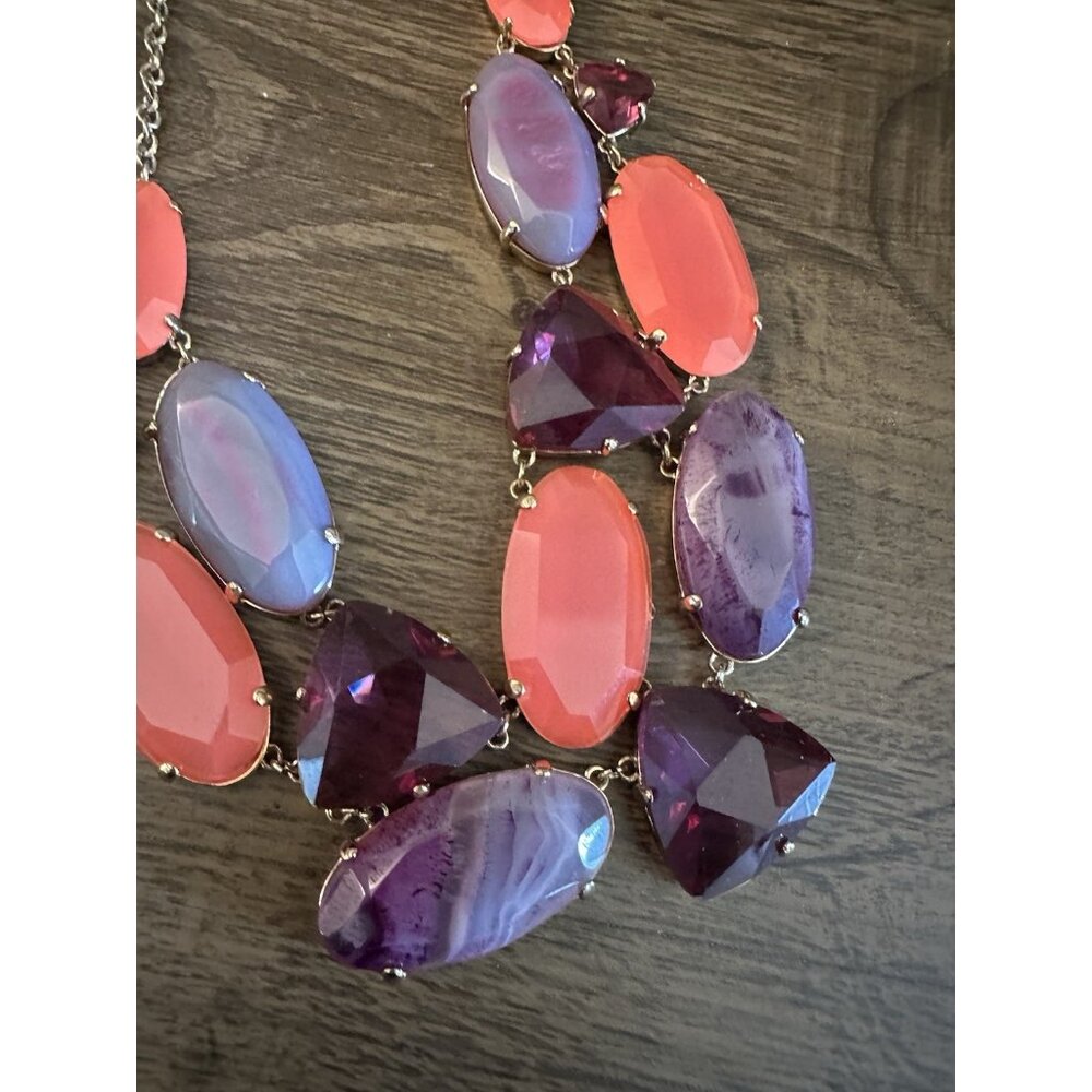 Kate Spade Moody Meadows Crystal Statement Necklace Purple Agate Pink Chunky Bib - Picture 5 of 6